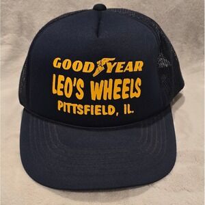 Vintage Goodyear Leo's Wheels Trucker‎ Hat Pittsfield IL Mesh Snapback Cap